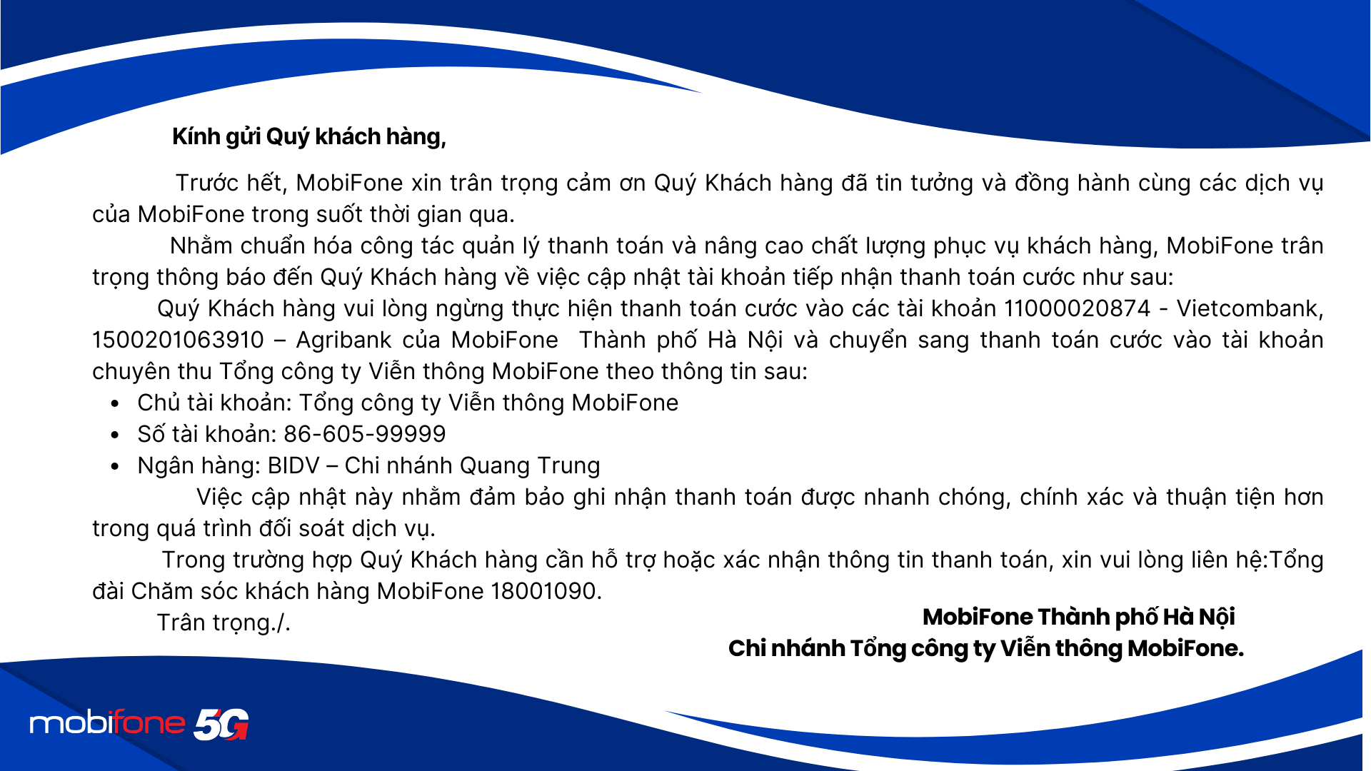 MobiFone thông báo cập nhật tài khoản thanh toán cước
